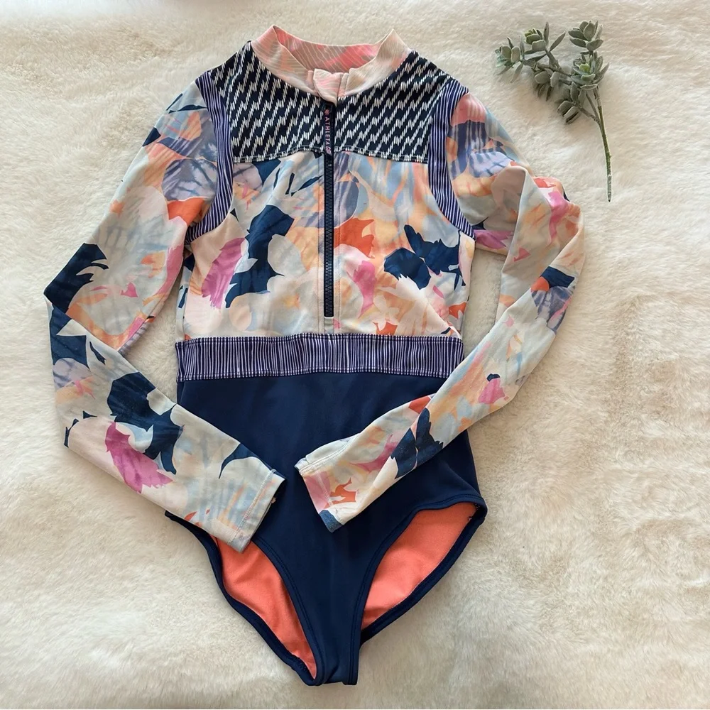 Athleta Navy Floral Print Long-Sleeve One-Piece Swimsuit with Coral Lining